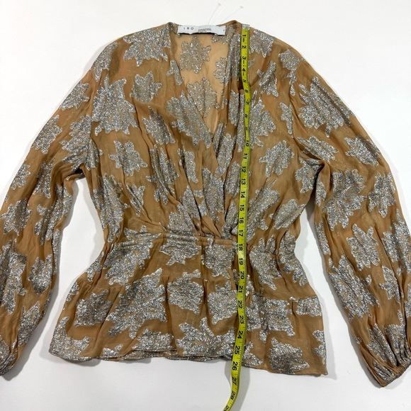 IRO Sheer V Neck Peplum Blouse Long Sleeve Beige Silver - Picture 5 of 8